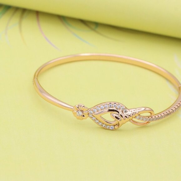 Elegant Teardrop Rose Gold Bangle with Floral Accent and Stones, XPBL0467 - Picture 5 of 12